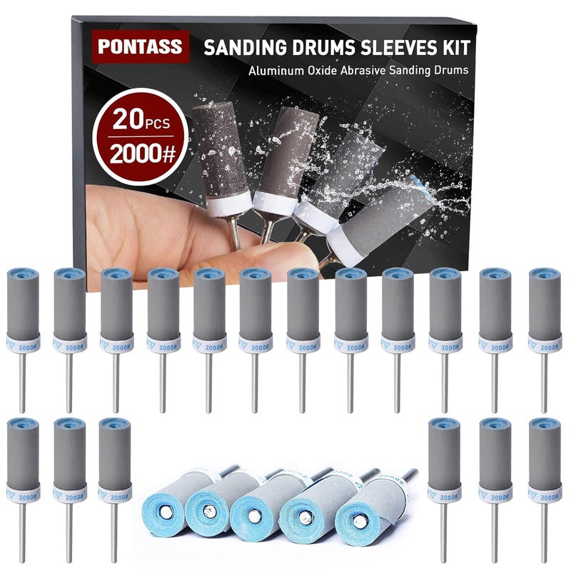 PONTASS 2000 Grit 20 Pcs Sanding Drums for Dremel Rotary Tools Accessories, Sanding Bits Kit for Dremel Sanding Bands with 1/8 inch Shank, Sandpaper Sticks Set for Plastic Wood Metal Grinding Polishing - Image 1